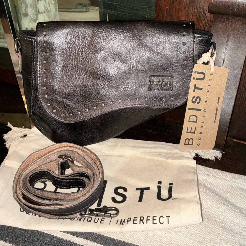 Bed Stu Distressed Black Leather Crossbody Bag